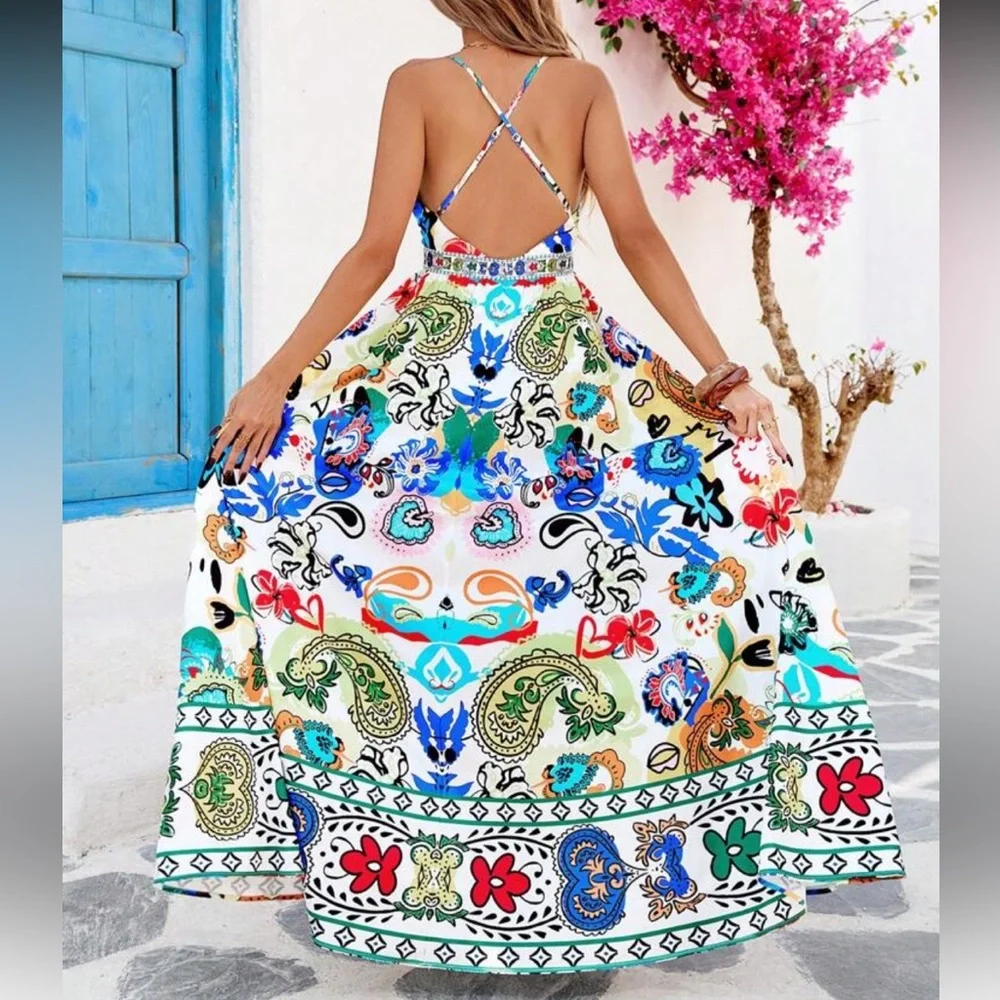 Boho Floral Print Crisscross Back Multicolor Bohemian Maxi Dress - Picture 3 of 5